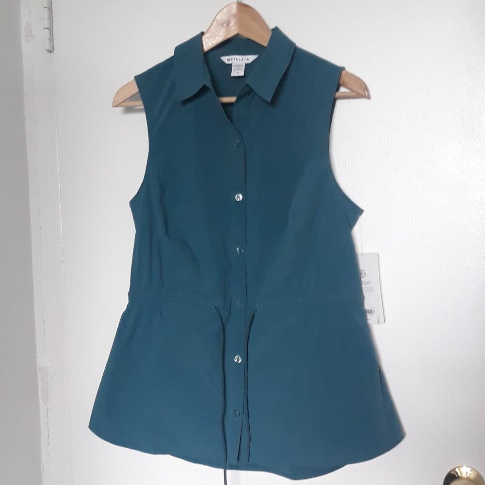 Athleta Levitate Poplin Button Down Tank Top w/Drawstring Waist; Teal; Sz M; NWT